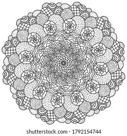 Blume und Kaktus mandala Farbseite Stock Vektorgrafik. Blossom Kaktus mit großen Blumen schwarz-weiß Ziermandala. Ungewöhnliche quadratische Farbbuchseite mit wilden Wüstenpflanzen. 