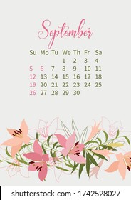 Flower Calendar 2021 with bouquets of flowers. Vector illustration