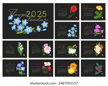 Flower calendar 2025. Isolated on black background. Bright colorful cover and 12 months pages with seasonal flat vector cute illustrations A5. Week starts on Sunday
