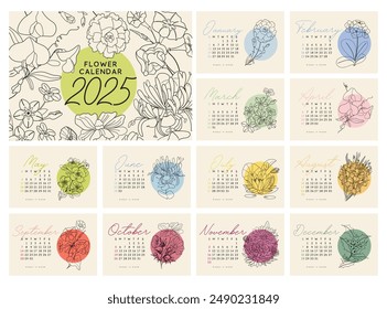 Calendario floral 2025. Aislado sobre fondo beige. Cubierta de pastel tranquilo y páginas de 12 meses con Vector de arte de línea de plantas de temporada lindas ilustraciones A5. La semana comienza el domingo