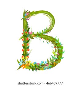 Flower calligraphy floral elegant decorative alphabet letter B. Intricate sign. Floral summer colorful calligraphy design lettering element. Vector illustration.