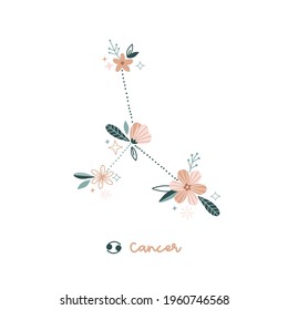 Flower Cancer zodiac sign clip art isolated on white. Celestial floral daisy constellation vector illustration. Magical Boho spiritual bloomy astrological design.