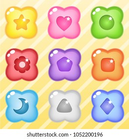 Flower candy block puzzle button glossy jelly. 2d asset for user interface GUI in mobile application or casual video game. Vector for web or game design. Decorative GUI elements, Cartoon colorful icon