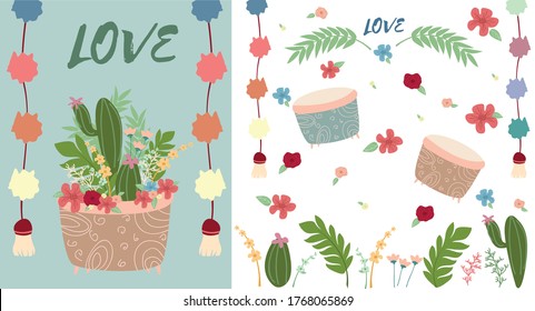flower card. flower and cacti card summer. flower summer concept. . with isolated vector. flower pot, leaf and cacti flat vector
