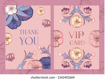 Flower Card or Cover Set. Wedding, Anniversary, Birthday Invitation. Thank You Banner. Art Nouveau Design. Vector illustration