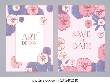 Flower Card or Cover Set. Wedding, Anniversary, Birthday Invitation. Thank You Banner. Art Nouveau Design. Vector illustration