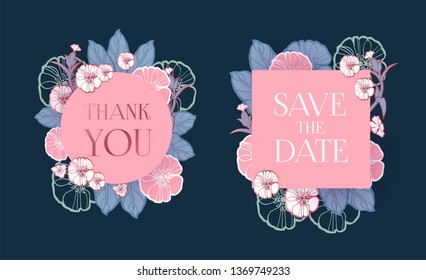 Flower Card or Cover Set. Wedding, Anniversary, Birthday Invitation. Thank You Banner. Art Nouveau Design. Vector illustration