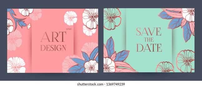 Flower Card or Cover Set. Wedding, Anniversary, Birthday Invitation. Thank You Banner. Art Nouveau Design. Vector illustration
