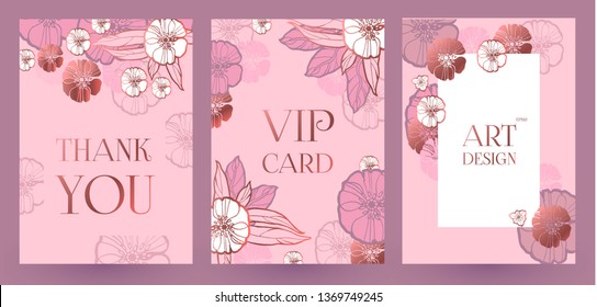 Flower Card or Cover Set. Wedding, Anniversary, Birthday Invitation. Thank You Banner. Art Nouveau Design. Vector illustration