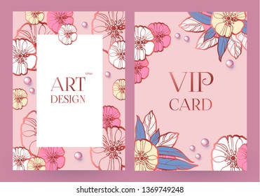 Flower Card or Cover Set. Wedding, Anniversary, Birthday Invitation. Thank You Banner. Art Nouveau Design. Vector illustration