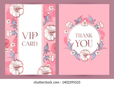 Flower Card or Cover Set. Wedding, Anniversary, Birthday Invitation. Thank You Banner. Art Nouveau Design.