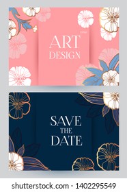 Flower Card or Cover Set. Wedding, Anniversary, Birthday Invitation. Thank You Banner. Art Nouveau Design.