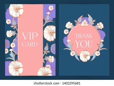 Flower Card or Cover Set. Wedding, Anniversary, Birthday Invitation. Thank You Banner. Art Nouveau Design.