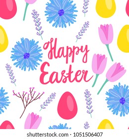 Flower card Happy Easter. Bright flowers lovely spring tulips and lavender. Vector illustration isolated on white background.