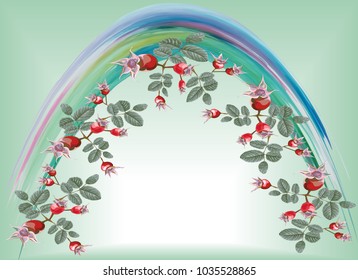 Flower card invitation from a garland of leaves and a dogrose on   a green background and watercolor arch written by hand in a vector