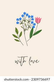 Flower card with love. Nature postcard, meadow plants, field flowers posy. Summer blossomed blooming herbs, fragile gentle wildflowers on vertical romantic background. Flat vector illustration
