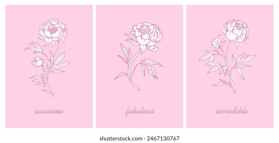 Flower card with peony blossom. Floral branch, outlined contoured blooming plant. Beautiful botanical postcards set. Garden stems, posters in retro vintage style. Hand-drawn vector illustrations