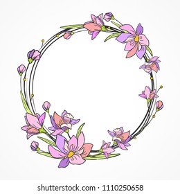 Flower card with purple circle pattern. Hand drawn vector illustration