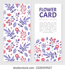 Flower card with space for text. Wild flowers and leaves seamless pattern on white background, front and back side templates design vector illustration