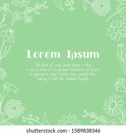 Flower card with text and vector outline illustrations of rose, tulip, chamomile, carnation, iris, callai, orchid, narcissus, sunflower, chrysanthemum and astra for graphic design