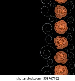 Flower card with vector dog rose. Vertical vintage dog rose pattern. Hand drawn seamless pattern. Abstract neutral and orange roses sketch. Flower background with copy space (place for your text).