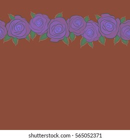 Flower card with vector dog rose. Hand drawn seamless pattern. Flower background with place for your text. Abstract violet, green and pink roses sketch. Horizontal vintage dog rose pattern.