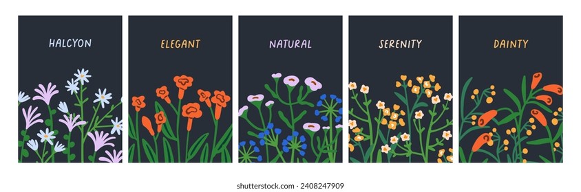 Juego de tarjetas de flores. Diseño de postales botánicas florales. Antecedentes naturales, plantillas verticales con plantas de campo florecientes, praderas de primavera y verano. Ilustraciones vectoriales planas