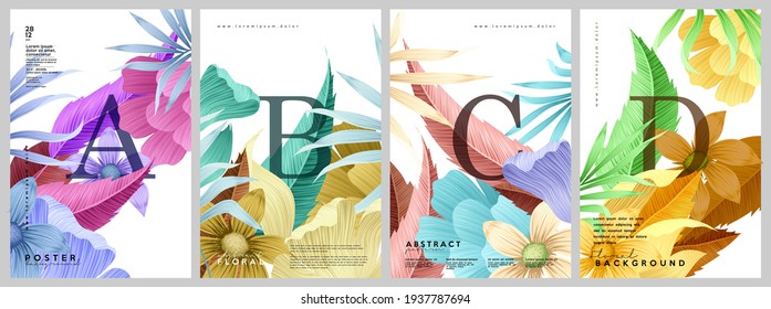 Flower cards. A set of vector illustrations. Spring and summer backgrounds. Flowers, leaves , branches . Watercolor background, pastel colors. 