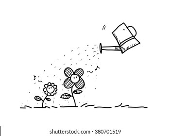 Flower Care, una ilustración manual del doodle vectorial de flores adorables que se regan.