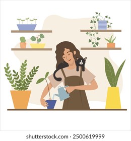 Flower Care. Vector illustration in cartoon style, cute composition where a girl is watering plants together with her pet.