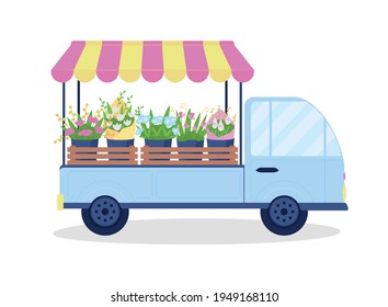 Flower cart flat color vector object. Bouquets on van. Truck with floral arrangements for selling. Small business, retail services isolated cartoon illustration for web graphic design and animation