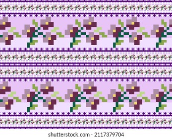 Caracteres de caricatura de flores con un patrón impecable sobre fondo morado. Estilo de píxeles