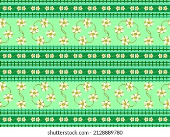 Flower cartoon character seamless pattern on green background.Pixel style