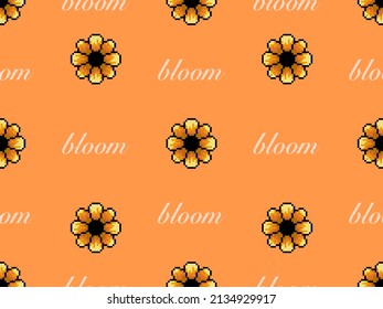 Flower cartoon character seamless pattern on orange background.Pixel style 