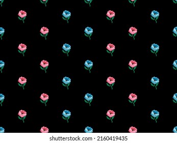 Flower cartoon character seamless pattern on black background. Pixel style