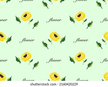 Flower cartoon character seamless pattern on green background. Pixel style