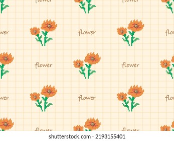 Flower cartoon character seamless pattern on orange background. Pixel style