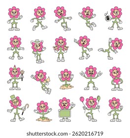 Flower cartoon characters with emotions gestures actions outfits expressions and educational romantic elements in groovy retro outline style