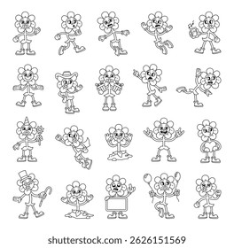 Flower cartoon characters with emotions gestures actions outfits expressions and educational romantic elements in groovy retro outline style