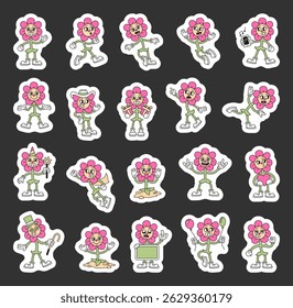Flower cartoon characters with emotions gestures actions outfits expressions and educational romantic elements in groovy retro outline style
