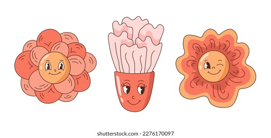 Flower cartoon face vector set. Cute childish collection of hand drawn retro style floral characters. Trendy groovy face isolated vector illustration