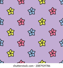 Flower Cartoon Seamless Pattern Vector. Flat Design Icon with outline. Cute Simple Garden Flower Endless Background. Simple Decorative Illustration Handdrawn. Pink Blue Yellow Color. Handdrawing