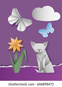 Flower, Cat, and Butterfly.
A set of paper figures. Cat, butterfly, flower on purple background. Origami.