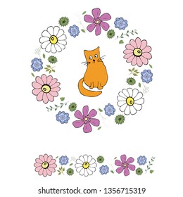 Flower cat doodle. Cat animal coloring book page. Floral frame, icons set. Black and white doodle outline linear draw