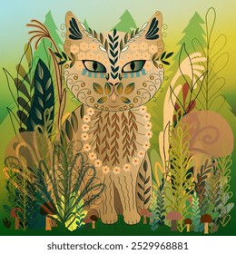 Flower cat in the forest. Abstract forest dweller. Cat illustration.