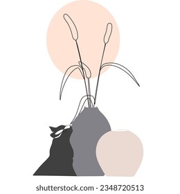 Flower and cat wall art vector set. Vases and flowers line drawing. Vase illustration. Vector.