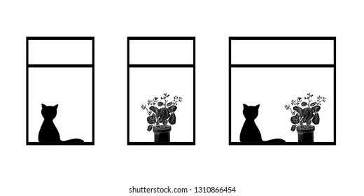 flower and cat in window silhouette vector illustration