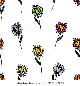 flower with a center in the form of a heart hand drawn in doodle style with multi-colored petals on a white background of a square shape. Vector illustration