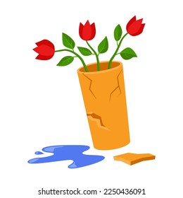 Flor en la ilustración del vector de la cacerola rota de cerámica. Caída en la planta de la casa, maceta de flores en el suelo aislada en fondo blanco. Jardinería, concepto de plantas