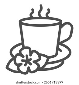 Flower with ceramic cup on saucer line icon, spa salon concept. Vector graphics. Scented herbal drink cup, aromatherapy sign on white background, outline style icon for mobile or web design